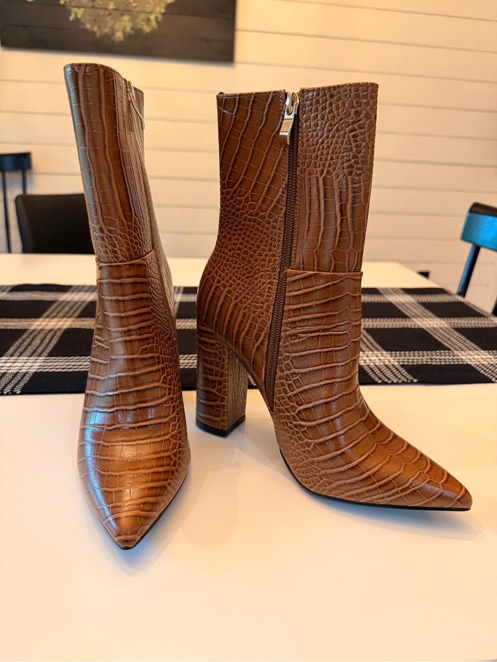 Croc-Embossed Pointed Toe Block Heel Ankle Boots - Brown